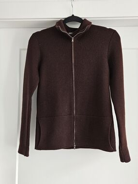 henri bendel 100% Merino Ribbed Knit Zip Up Sweater - Dark Brown Made In Italy